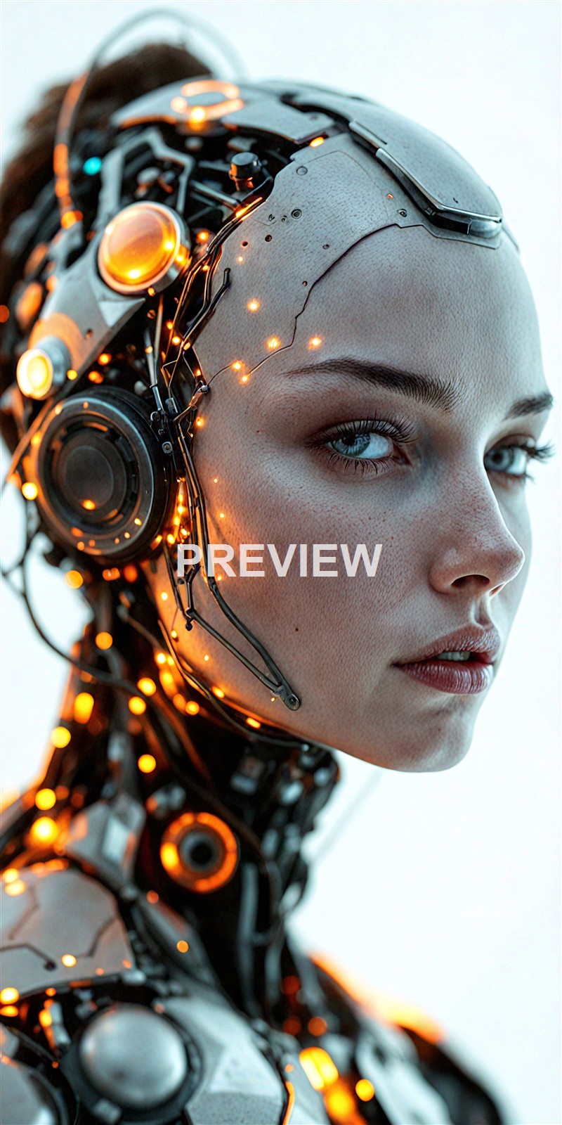 A close-up of a human face integrated with a futuristic, robotic exoskeleton with glowing orange lights and intricate mechanical components on the head and neck.